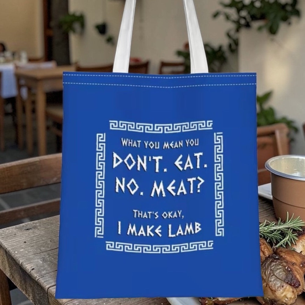 Blue Graphic Tote Bag with White Text